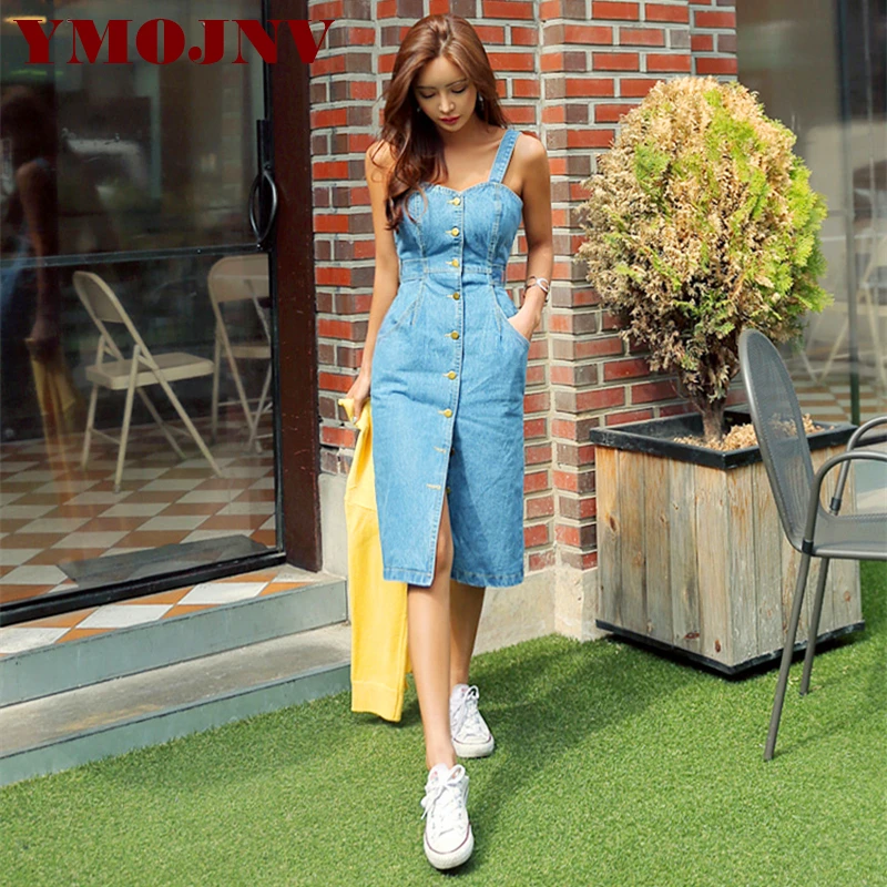 

YMOJNV 2019 Sexy Sleeveless Backless Bow Tie Strap Jeans Dress Women Single-Breasted Pocket Denim Sundress Female Summer Dress