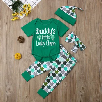 

Infant Baby Short Sleeve St. Patrick's Day Romper+Pants+Headbands+Hat Outfits Ubranka Dla Niemowlat Newborn Baby Girl Clothes