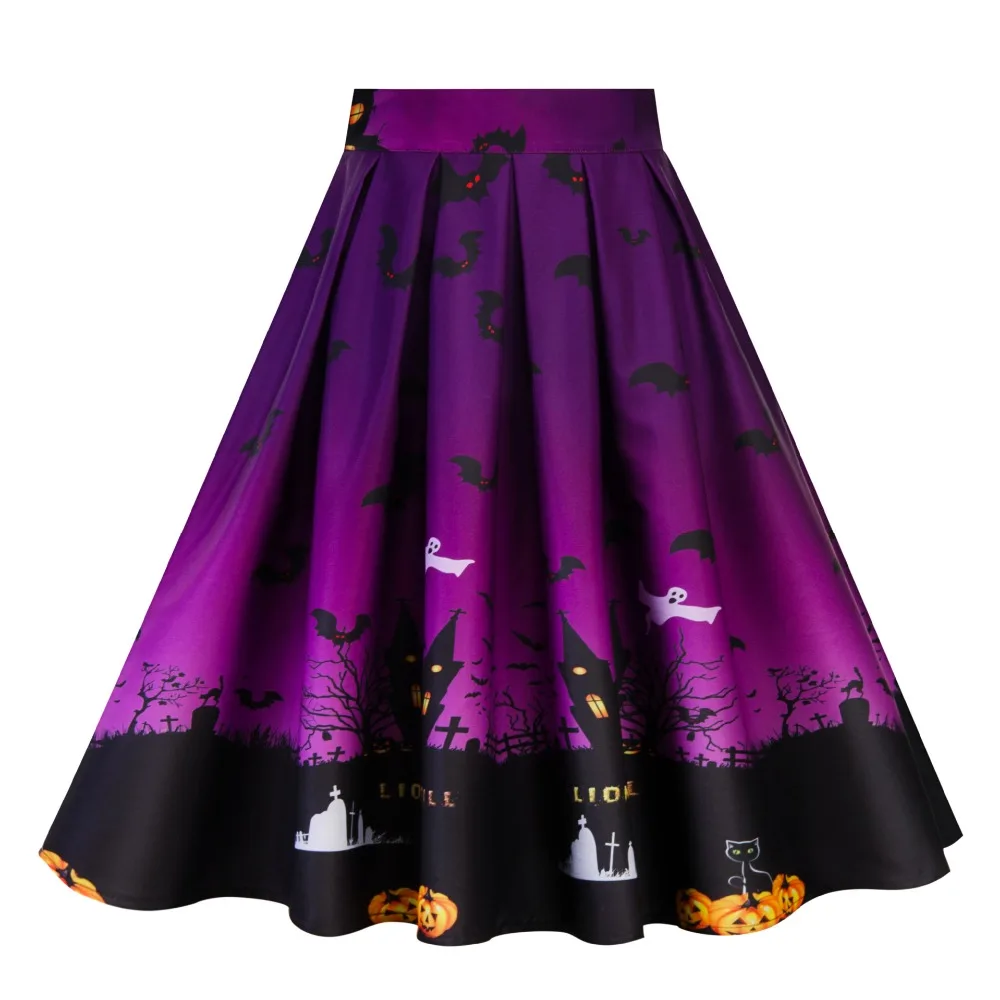 

New Halloween Skirt Women Retro Pumpkin Print Empire Ball Gown Skirts