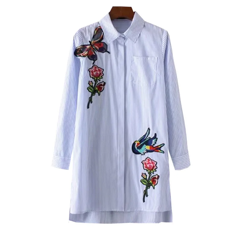 

Women Floral Bird Appliques Embroidery Cotton Striped Long Shirt Blouse Long Sleeve Turn-down Chemises Femme Tunics Office Tops