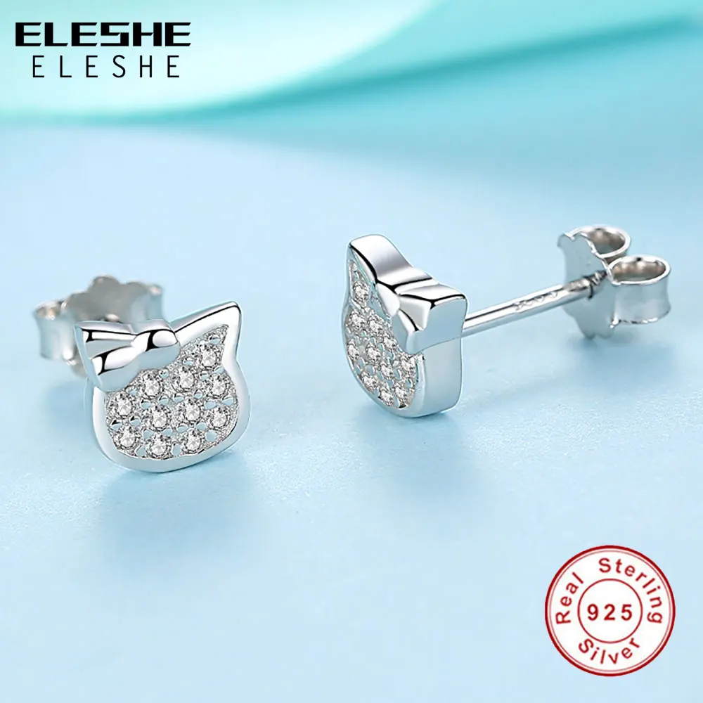 ELESHE Cartoon Animal Cat Stud Earrings for Women Cute 925 Sterling Silver Crysral Earrings Girl Friendship Christmas Gifts