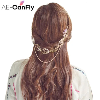 AE-CANFLY Golden Hollow Leaf Head Chain Tassel Headpiece Hiar Clip Women Dropshipping  Hair Accessories 2H1012