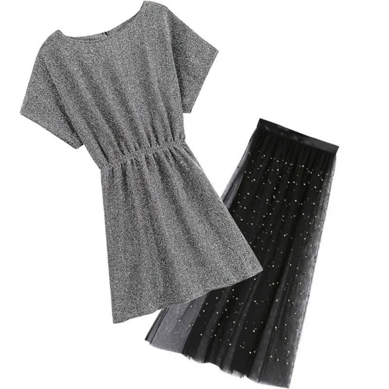 Черный 2Pcs/Set Summer Elegant Women Dresses Set Ladies Cotton T Shirt Top+ Mesh Femme Dress Set - Цвет: Черный