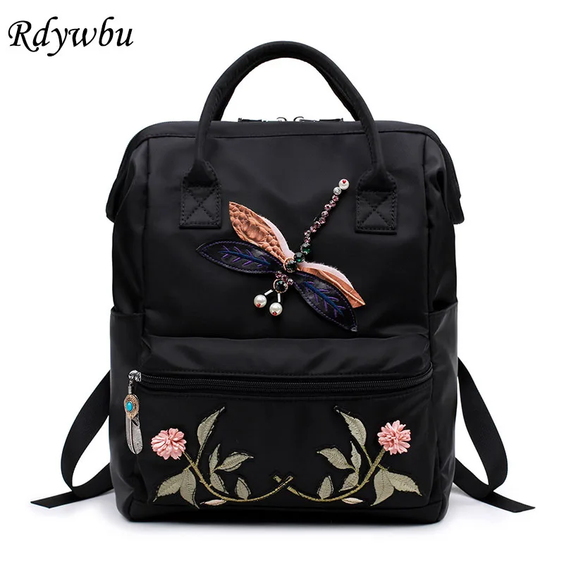 

Rdywbu Dragonfly Flower Embroidery Backpack Women's National Travel Rucksack Handmade Ethnic Bagpack Big Oxford School Bag B572