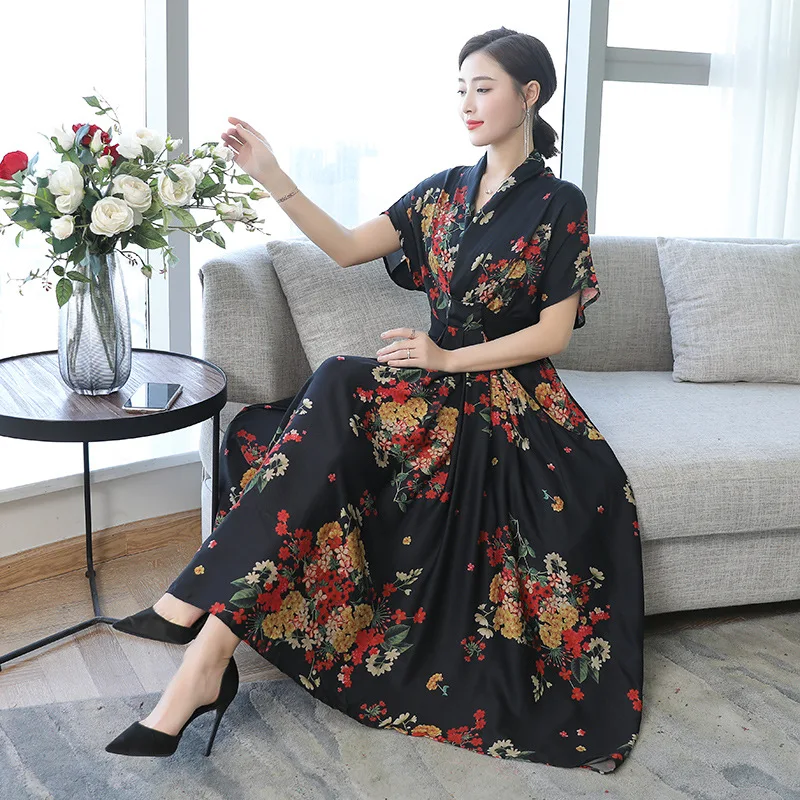 

Silk dress 2019 summer new print stitching short-sleeved dress extra large code high quality elegant party vestidos