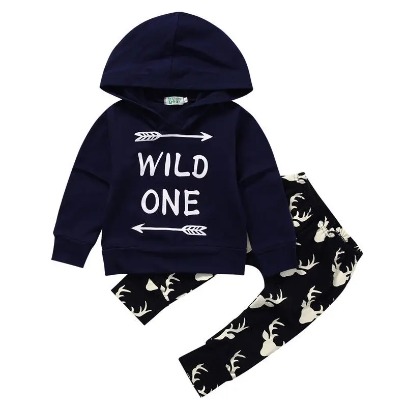 

New Casual Newborn Baby Boys Clothes Set Long Sleeve Hooded Tops Print Wild One Hoodies+ Long Deer Pants Outfits Set Clothes USA