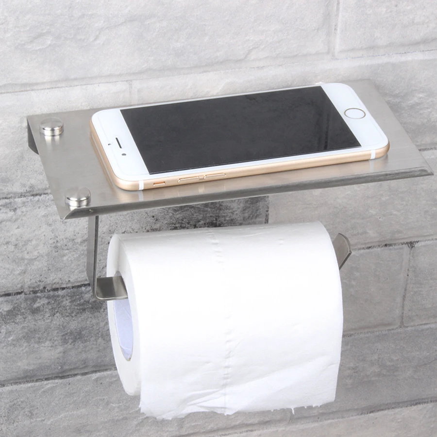 

Paper Holder Toilet Tissue Concise Wall Mount Toilet Roll Holder Stainless Steel Bathroom Fixture Accessories with Phone Shelf
