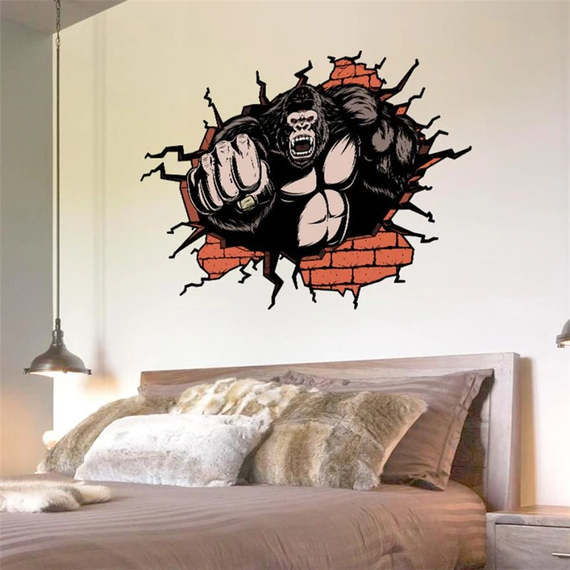 2018 New Creative  3D Wall Broken Orangutan Background Wall Decoration Non-toxic Removable Wall Sticker C0331#30                01