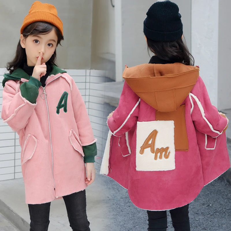 

INS hot girls Woolen coat 3-11 years old kids velvet thickening warm trench chidlren's overcoat autumn and winter hooded