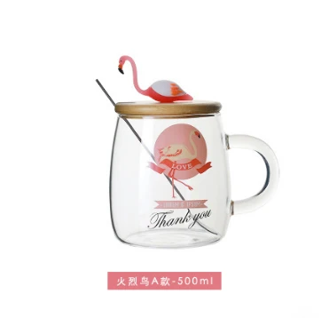 500 мл Прозрачный кактус Фламинго Чай Стекло стакан с крышкой ложка творческий Молоко Кофе фруктовый сок девушка стаканчик воды посуда для напитков - Цвет: Flamingo A