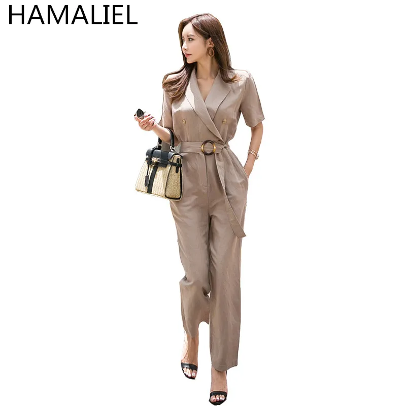 

New Formal Short Sleeve Office OL Jumpsuit 2018 Summer Women Notched Collar Khaki Work Wear Sashes Rompers Jumpsuits Overalls
