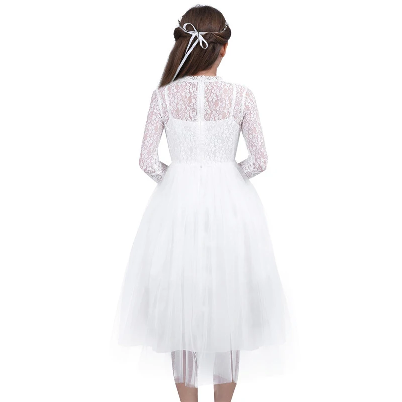 Платье с цветами для девочек длинными рукавами милое белое кружевное платье на