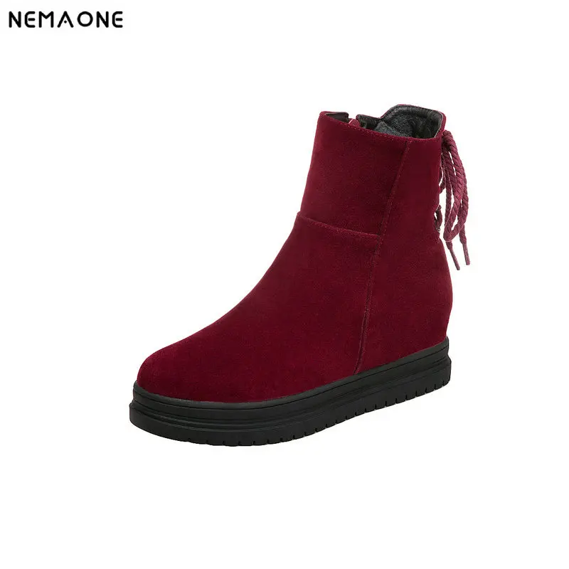 

NEMAONE 2018 Autumn Women Boots Fashion Black Solid Ankle Boots lace up Low Heels Women Shoes Casual Ladies Shoes