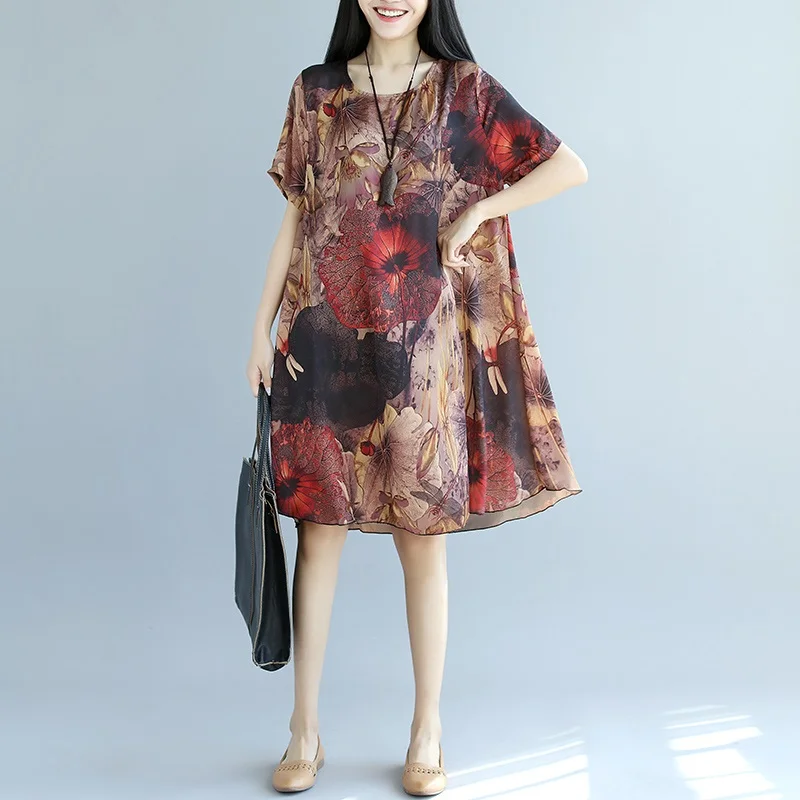 Шифон Урожай Цветочные Большие размеры женские повседневные свободные миди летнее платье Элегантное платье одежда женские платья Сарафан - Цвет: Red Lotus leaf
