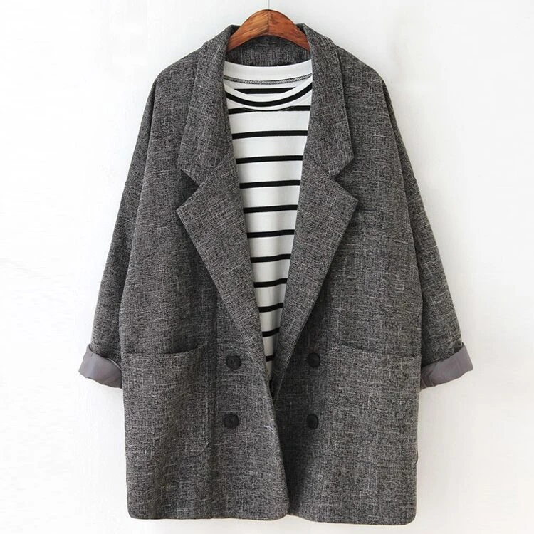 

Hot Sale New Version Retro Atmosphere Loose Casual Double Breasted Suit Jacket Girls Long Turn Down Collar Pockets Grey Blazers