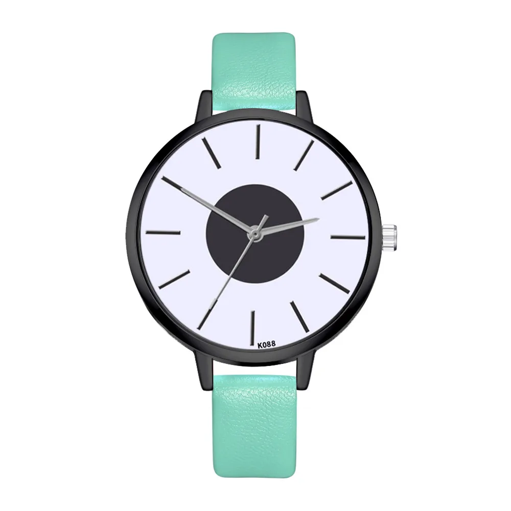 Горячая мода женские часы Круглый Большой циферблат женский кожаный ремешок платье наручные часы в Подарок Кварцевые женские наручные часы Montre Femme# B - Цвет: Зеленый