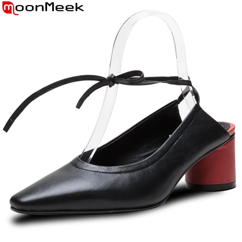 

MoonMeek 2019 spring summer shoes woman square toe high heels shoes casual genuine leather shoes cross tied prom wedding shoes