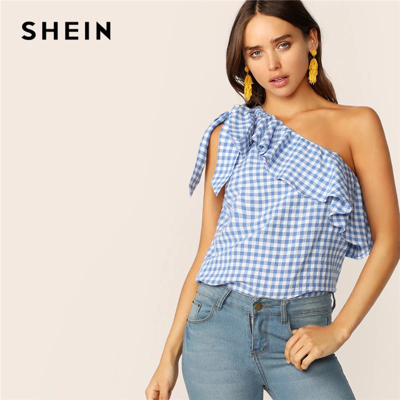 

SHEIN Blue or Orange Gingham One Shoulder Ruffle Overlay Top Sleeveless Asymmetrical Blouse Women 2019 Summer Tops and Blouses