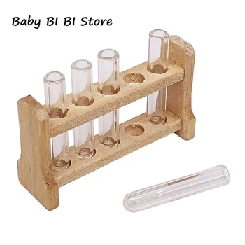 

5pcs/set Laboratory Glass Test Tubes with Wooden Rack Set 1:12 Dollhouse Miniature Accessory Decoration Ornament