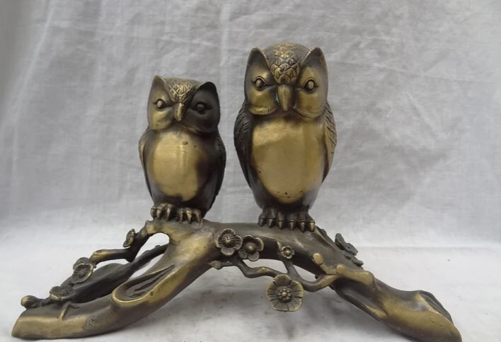 

song voge gem S5005 11" Chinese Bronze Folk Flower Love 2 Bird Owl Scout Minerva Statue Sculpture