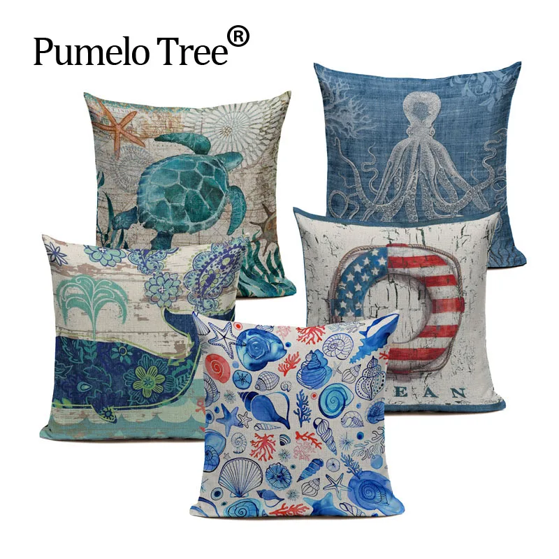 

Marine Ocean Style Sea Turtle Patterns Square 18" Cotton Linen Sea Horse Sofa Throw Cushion Covers octopus Home Decor Pillows