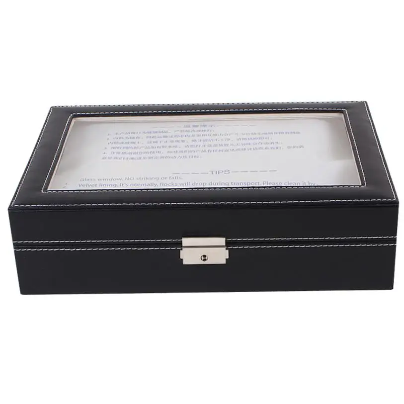 New Large Watch Display Case Jewelry Box Leather Glass 12 Slots Men Black NEW july27