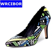 2017 NEW Women’s Pumps Genuine leather Pointed toe High-heeled shoes Lady Fashion Geometric patterns Thick Heels High Heels
