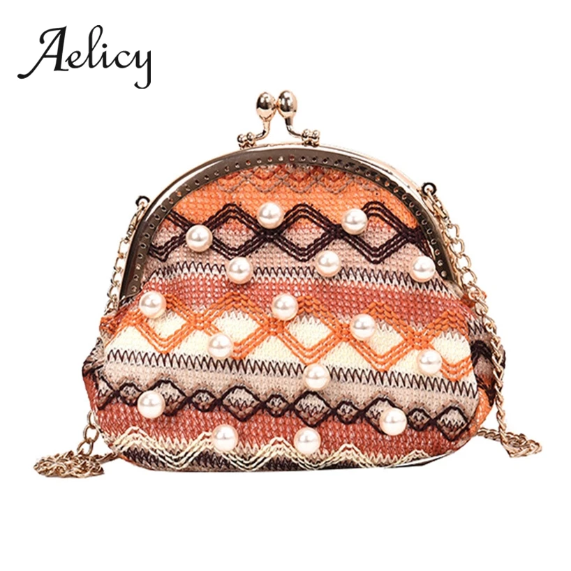 

Aelicy Retro Pearl Clip Bag Women Straw Striped Weaving Shoulder Messenger Bag Chain Crossbody Clutch Purse Bolso Femenino 2019