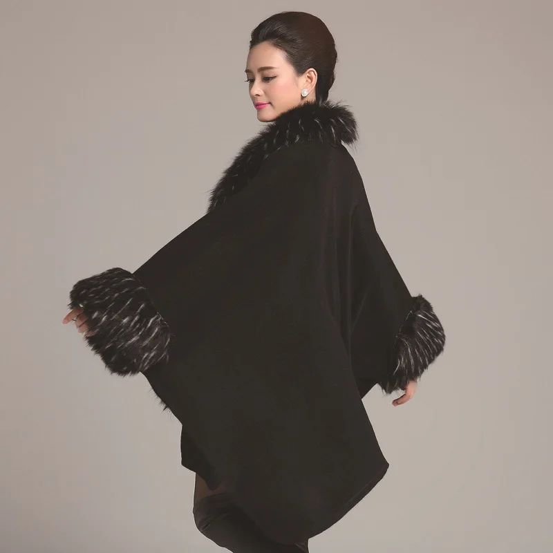 Zwarte Cape Vrouwen Mantel Faux Nertsen Bont Grote Poncho 2017 Nieuwe Bontkraag Wollen Winter Kleding Casacos Feminino AliExpress