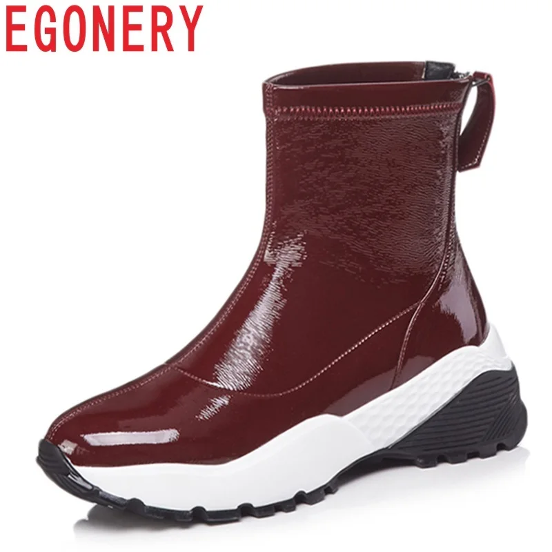 

EGONERY 2018 newest concise casual winer plush warm patent leather ankle boots high wedges platform zip black and wine red shoes