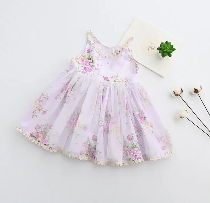 Лето 2017 г. девушка хлопок Кружево платье лавандового цвета для маленьких девочек с цветочным рисунком платье для девочек на день рождения