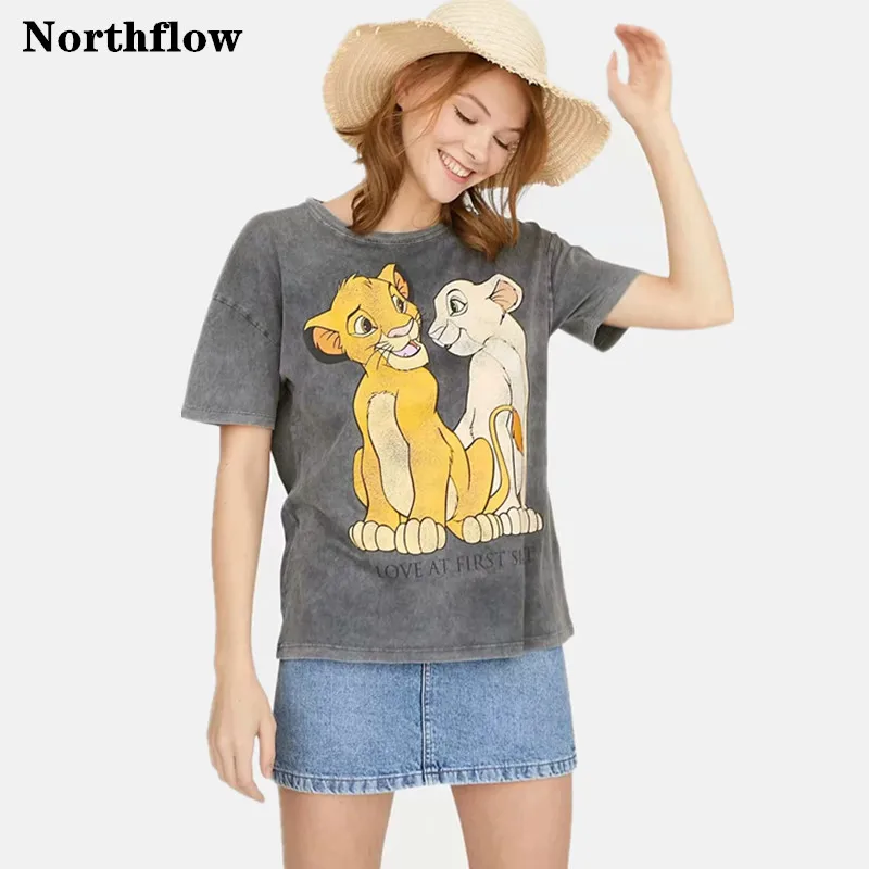 Northflow 2019 летняя футболка Топ для женщин с рисунком короля льва круглым вырезом