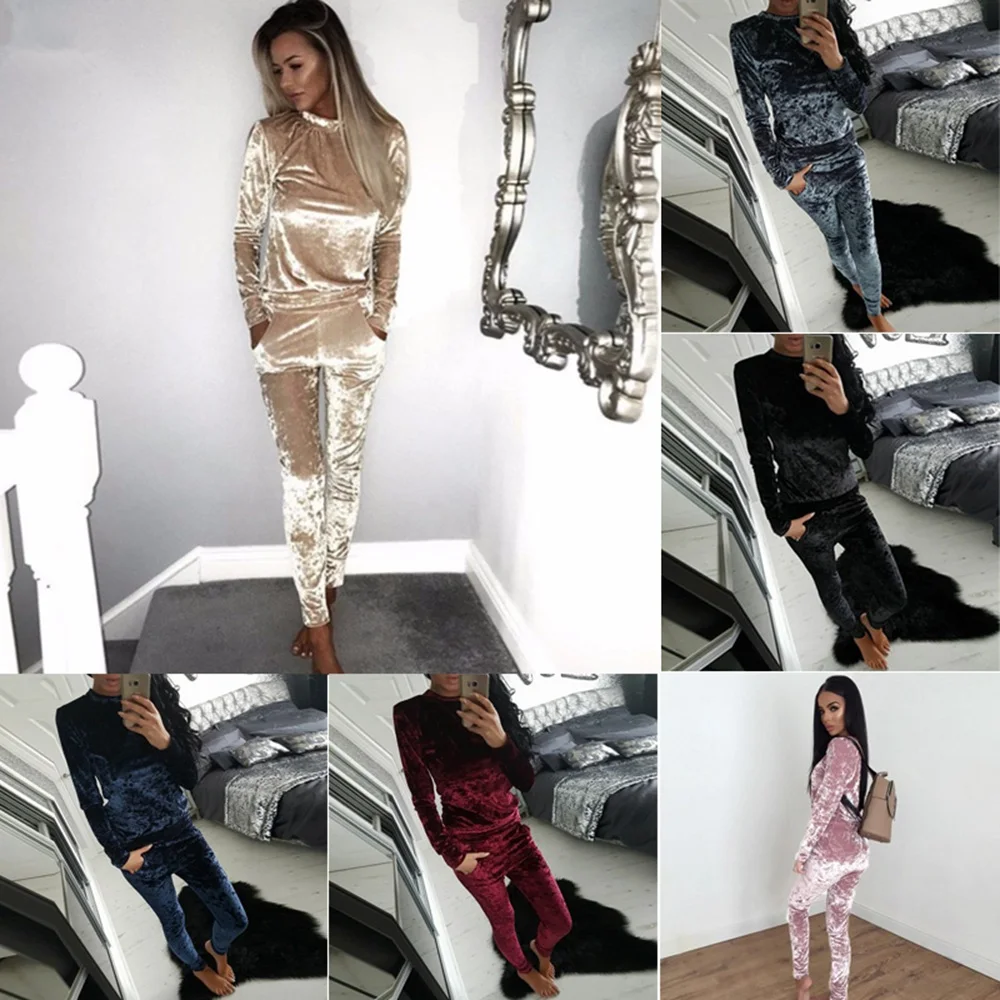 Velvet Tracksuit Women Costume Velvet Set Long Sleeve Hoodies Top+Pant ...