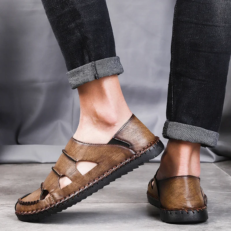 ARUONET/кожаная мужская пляжная обувь; уличные повседневные мужские кожаные сандалии для мужчин; трендовые слипоны в римском стиле; обувь размера плюс; Прямая поставка