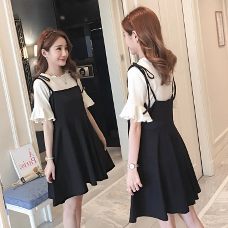 

Maternity Clothes New Summer Fashion Small Fresh Short Sleeve + Suspenders Dress Pregnant Women Two Pieces Set Pregnancy Dresses