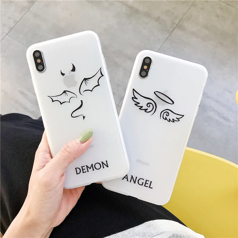 

Couple Demon Angel Line pattern Phone Case for IPhone Xs max xr Mobile Shell 7 8 Plus 6s 6plus Cover Cartoon TPU Clear Case Capa