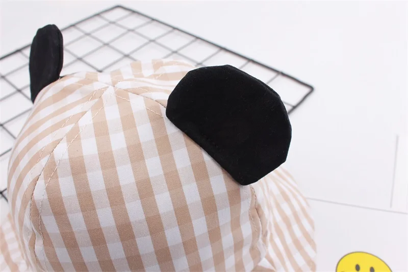 9Striped Baby Sun Bucket Hat Toddler Infant Boy Girl Black Ears UV Protection Basin Caps Cotton Breathable Fashion Grid Hat for Summer