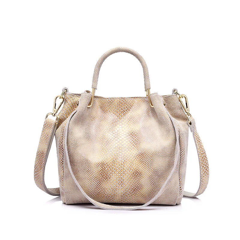 REALER Брендовая женская сумка из натуральной кожи Повседневная сумка на плечо Женская Золотая питоновый узор кожаная наплечная сумка-мессенджер сумки - Цвет: Бежевый
