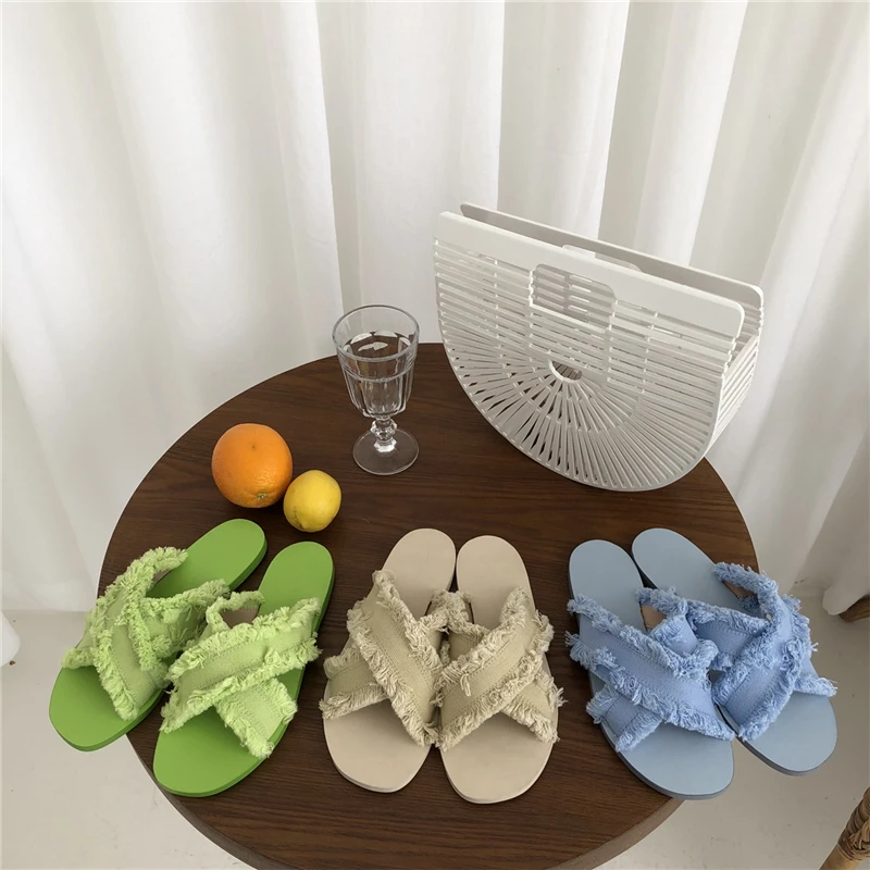 

Shoes Without Heel Fringe Slides Fenty Beauty Flock Peep Toe Flat Slipper Luxury Canvas Fabric PU Rubber Flock Fringe Shoes