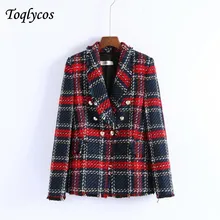 Vrouwen chic plaid tweed blazer zakken fringe tassel lange mouwen jas knoppen decoratie vrouwelijke toevallige bovenkleding tops 242(China)