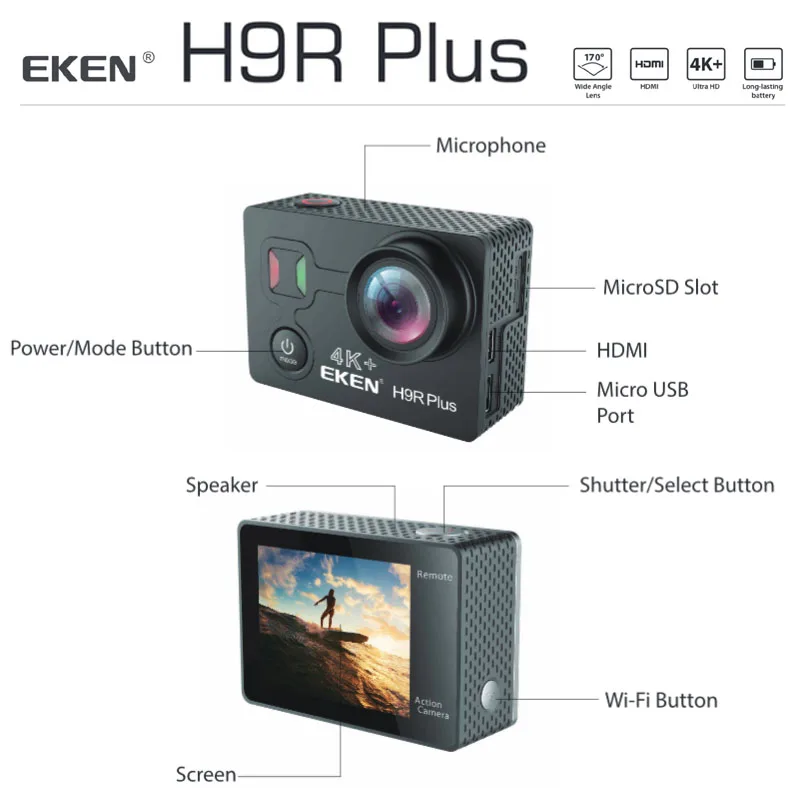 Экшн-камера eken H9R Plus H9R Ultra HD 4K 30FPS WiFi 2," 170D Go для подводного плавания, водонепроницаемая профессиональная камера на шлем, дистанционная Спортивная камера