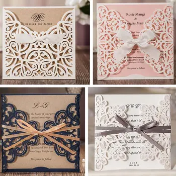 

1pcs Sample Card Wishmade Ivory Square Laser Cut Wedding Invitations Cards with Bow Lace Sleeve for Engagement Baby Shower