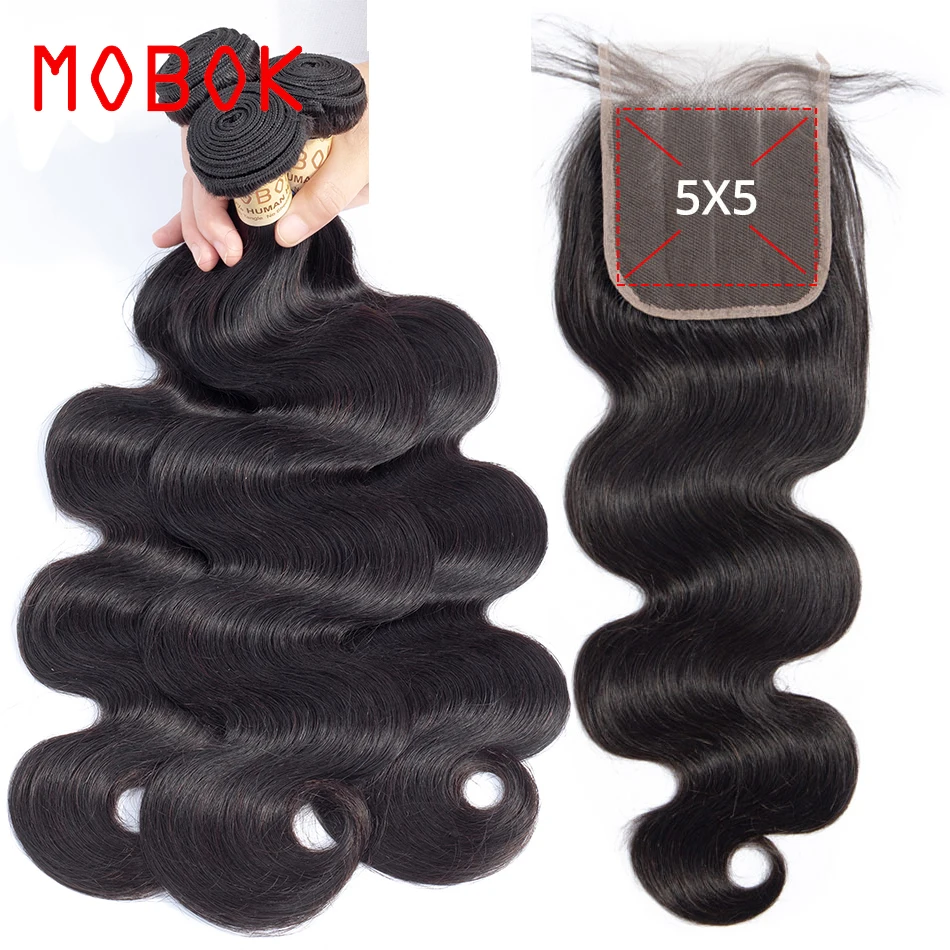 

Mobok Body Wave With Closure 3pcs/lot Brailian Weave Human Hair Bundles With 5*5 Closure Remy Lace Closure Human Hair Extension