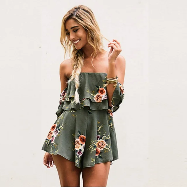 US $8.27 Danjeaner Off Shoulder Boho Style Floral Print Playsuit Women Sleeveless Rompers Elegant Sexy Beach