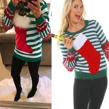 Сексуальный круглый вырез с рождественскими носками сшивание Рождественский Топ Модный стиль Женская футболка рубашка с длинным рукавом Женская