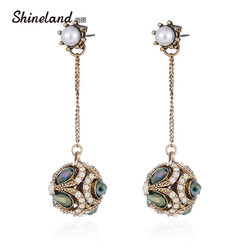 

Shineland Fashion Elegant Simulated Pearl Long Drop Earrings for Women Girl 4 Colors Crystal Rhinestone Round Ethnic Brincos