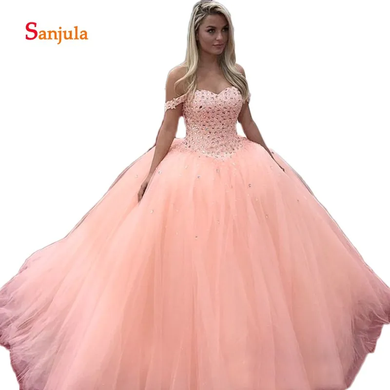 

Luxury Crystal Quinceanera Dresses Ball Gown Off Shoulder Coral Tulle Sweet 15 Party Dresses Prom Gowns sukienka balowa D855