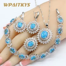 925 серебряные ювелирные изделия с голубым опалом наборы для женщин ожерелье кулон серьги кольца Небесно-Голубой Кристалл циркония браслеты