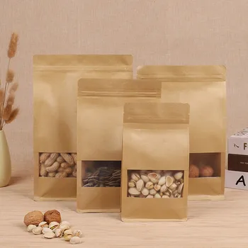 

50pcs High-capacity kraft paper coffee bag,resealable food bag storage organizer bag frosted clear window