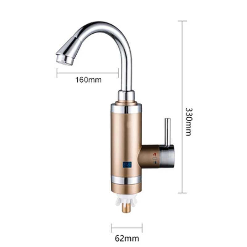 Безрезервуарный электрический водонагреватель из нержавеющей стали, кухонный светодиодный, с цифровым дисплеем температуры, кран мгновенного нагрева 3000 Вт - Цвет: Golden small bend